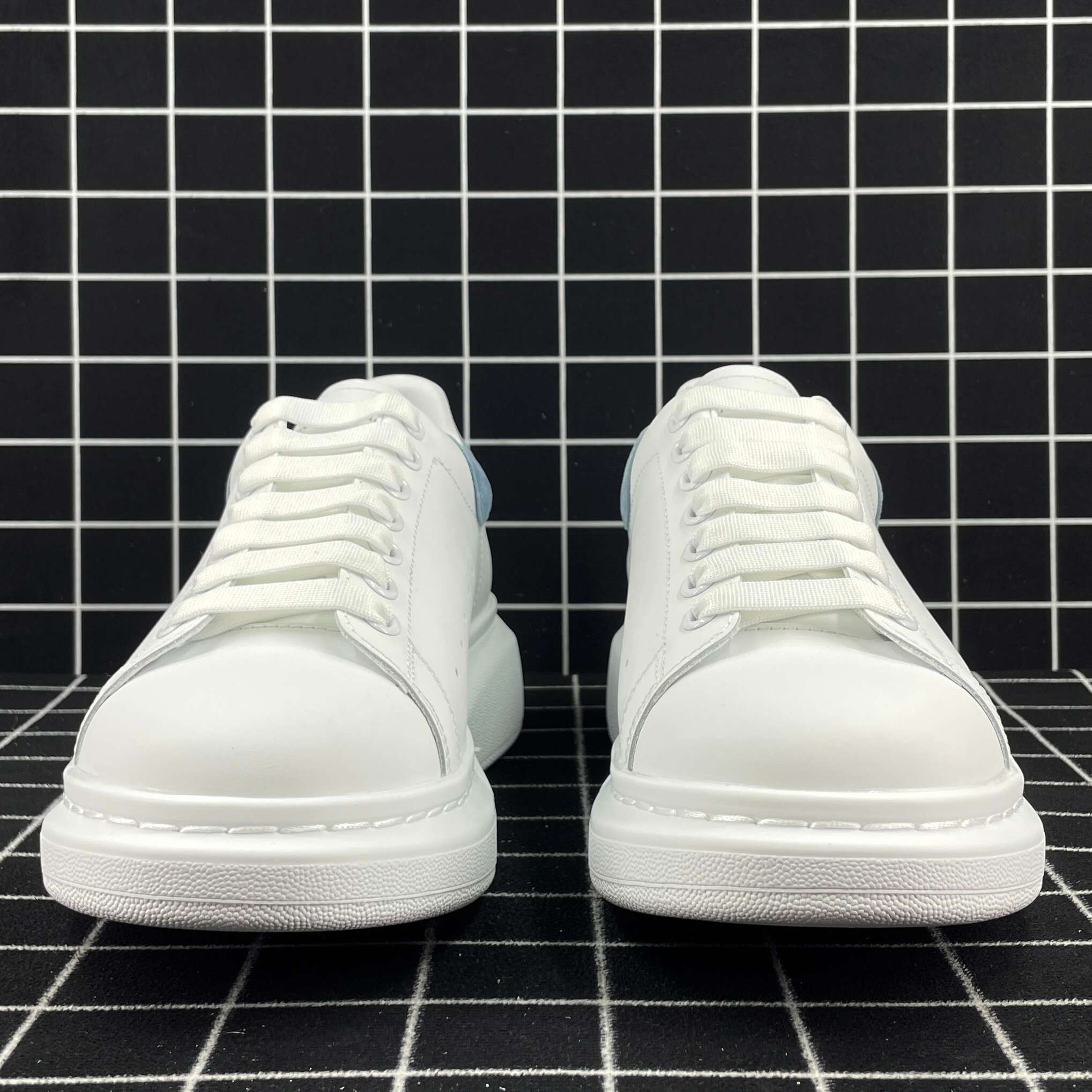 Alexander McQueen Oversized Sneaker White Smooth Calf Leather with Dream Blue Suede Heel Replica