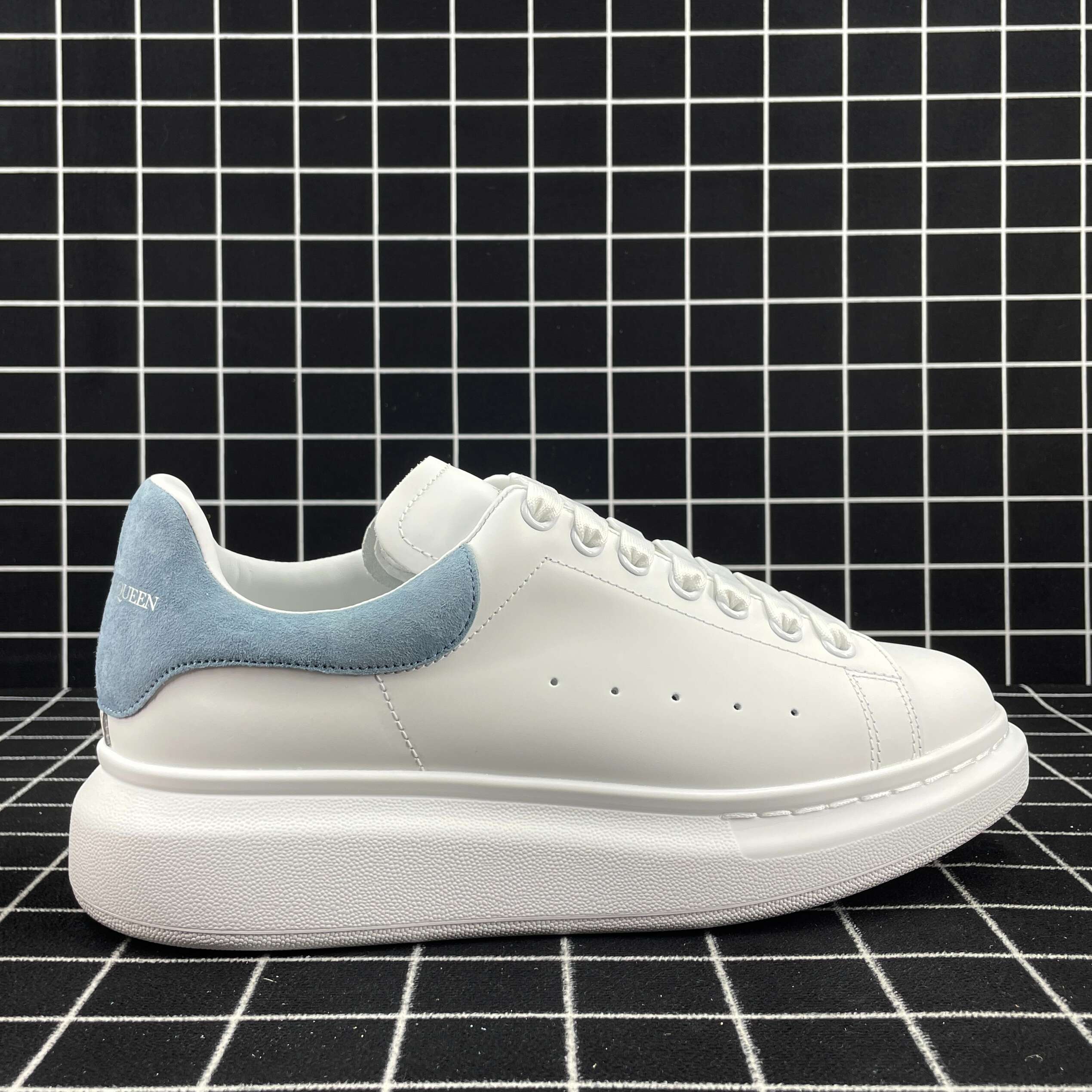 Alexander McQueen Oversized Sneaker White Smooth Calf Leather with Dream Blue Suede Heel Replica