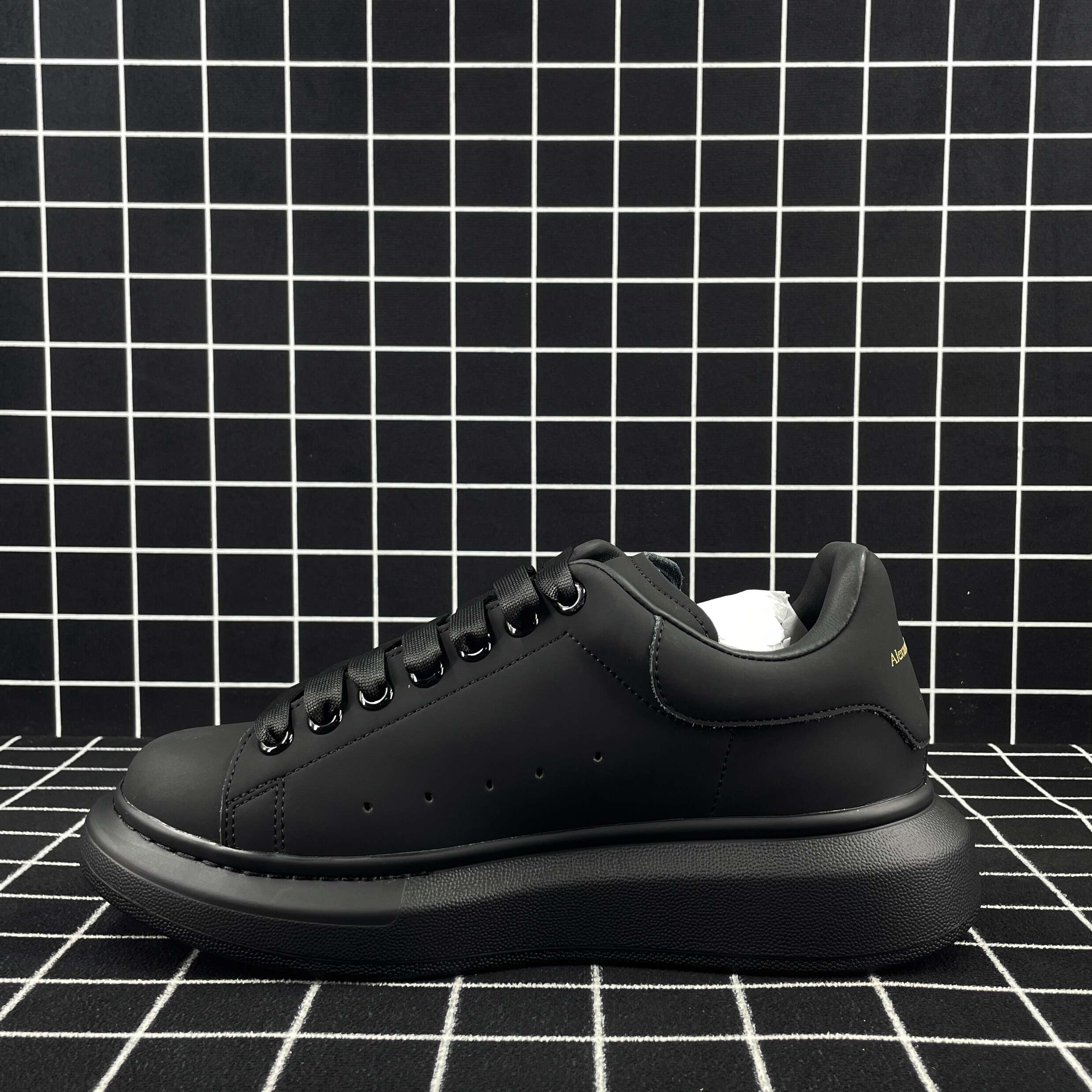Alexander McQueen Oversized Sneaker Black Smooth Calf Leather with Black Sole Replica