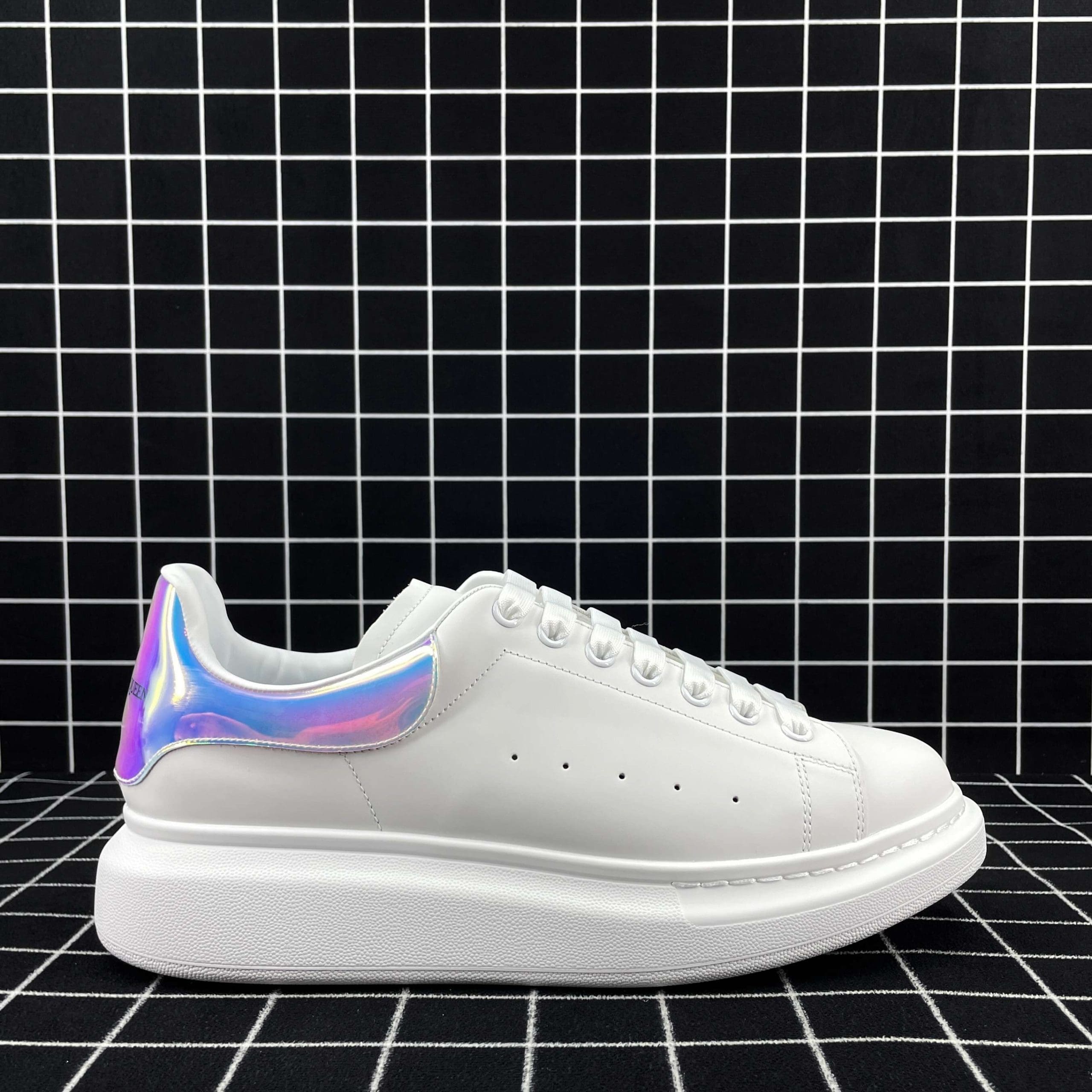 Alexander McQueen Oversized Sneaker White Smooth Calf Leather with Pearlescent Shock Pink Heel Replica