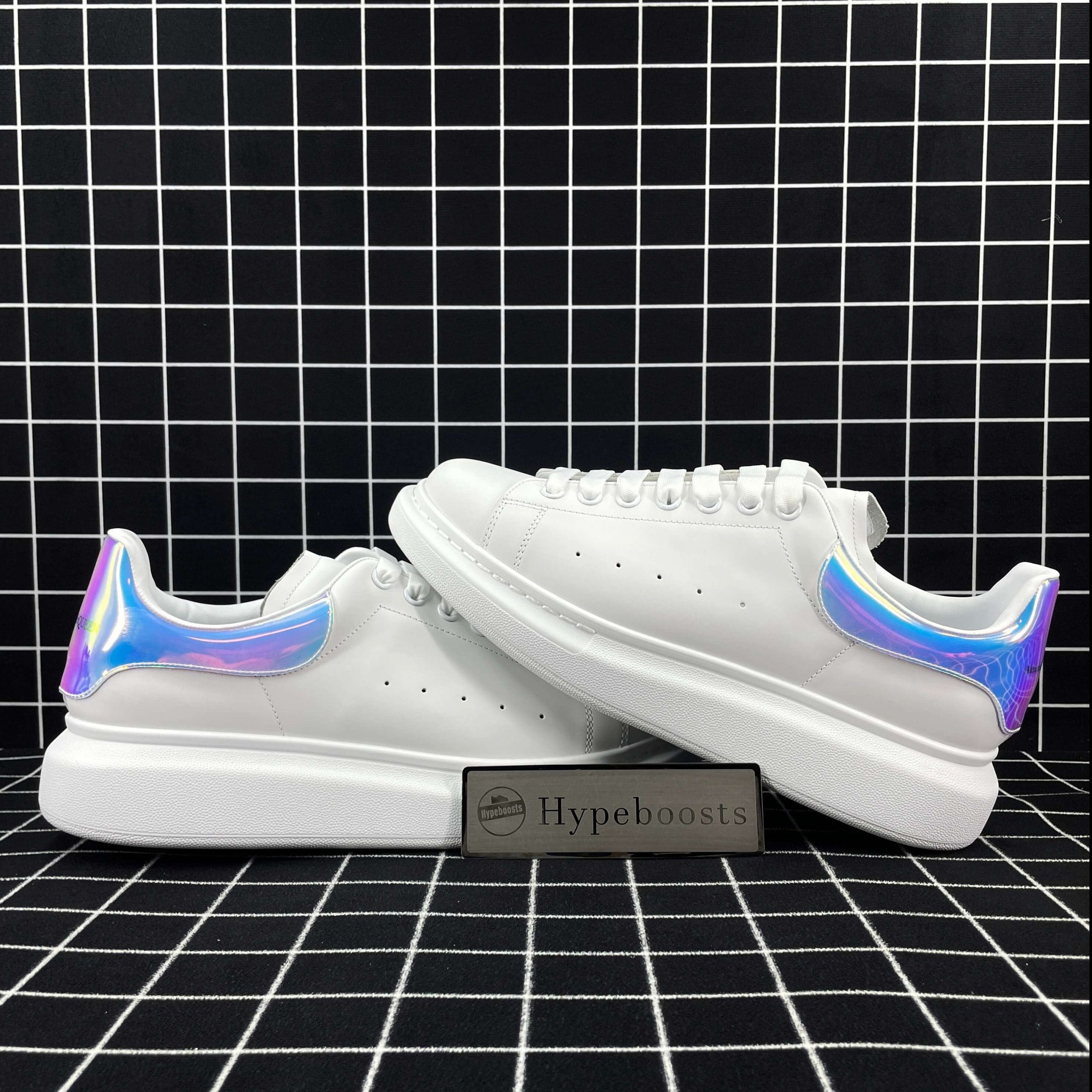 Alexander McQueen Oversized Sneaker White Smooth Calf Leather with Pearlescent Shock Pink Heel Replica