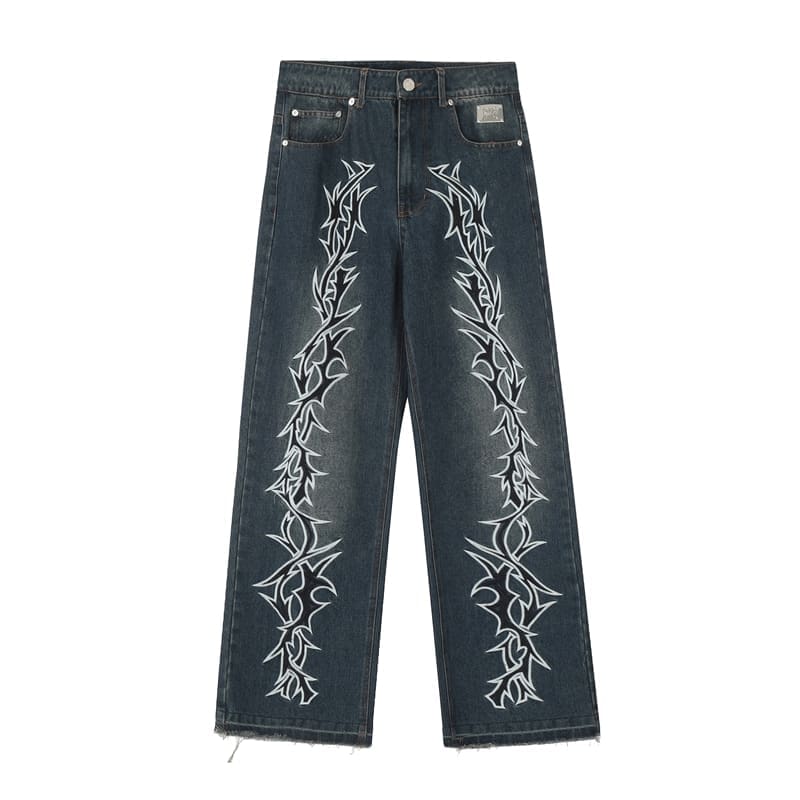 Revenge Embroidered Logo High Street Loose Tassel Denim Trousers for Men