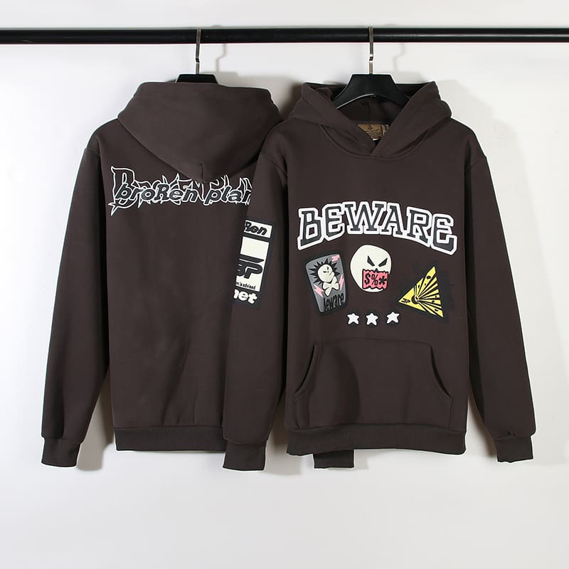 Broken Planet Warning Badge Puff Print Velvet Padded Hooded Sweatshirt Fashion