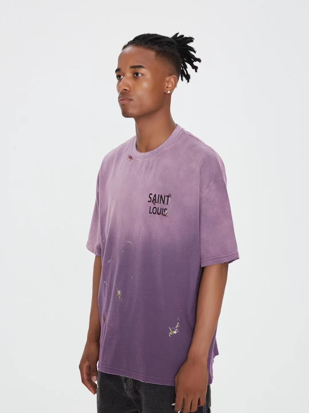 saint L**is washed gradient black letter logo loose distressed t-shirt