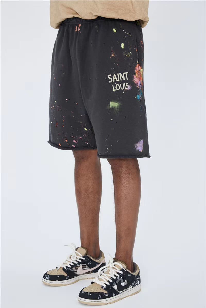 saint L**is graffiti paint-splattered casual dirty retro shorts men’s fashion
