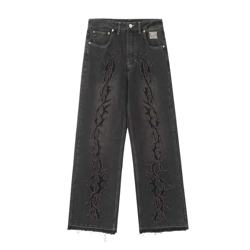 Revenge Embroidered Logo High Street Loose Tassel Denim Trousers for Men
