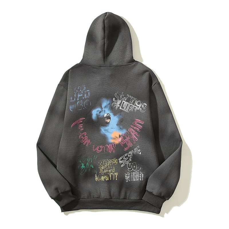 Liu Xianhua Smiley Retro Distressed Mud Printed Graffiti Hoodie