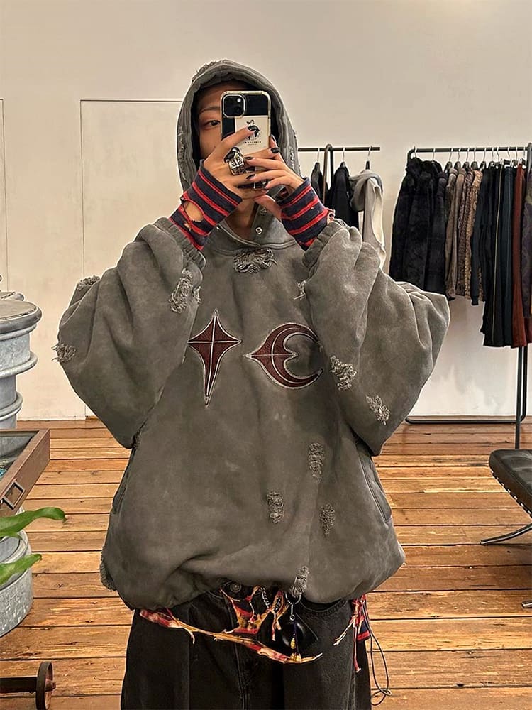 Thug Club Heavy Washed Distressed Leather Patchwork Hoodie