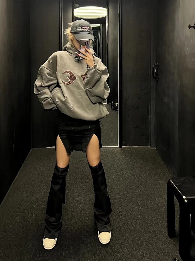 Thug Club Heavy Washed Distressed Leather Patchwork Hoodie