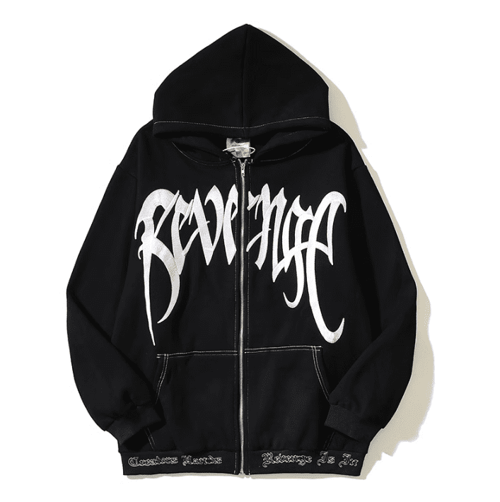 Revenge Needle Embroidered Hooded Zipper Fleece Sweater for Men and Women