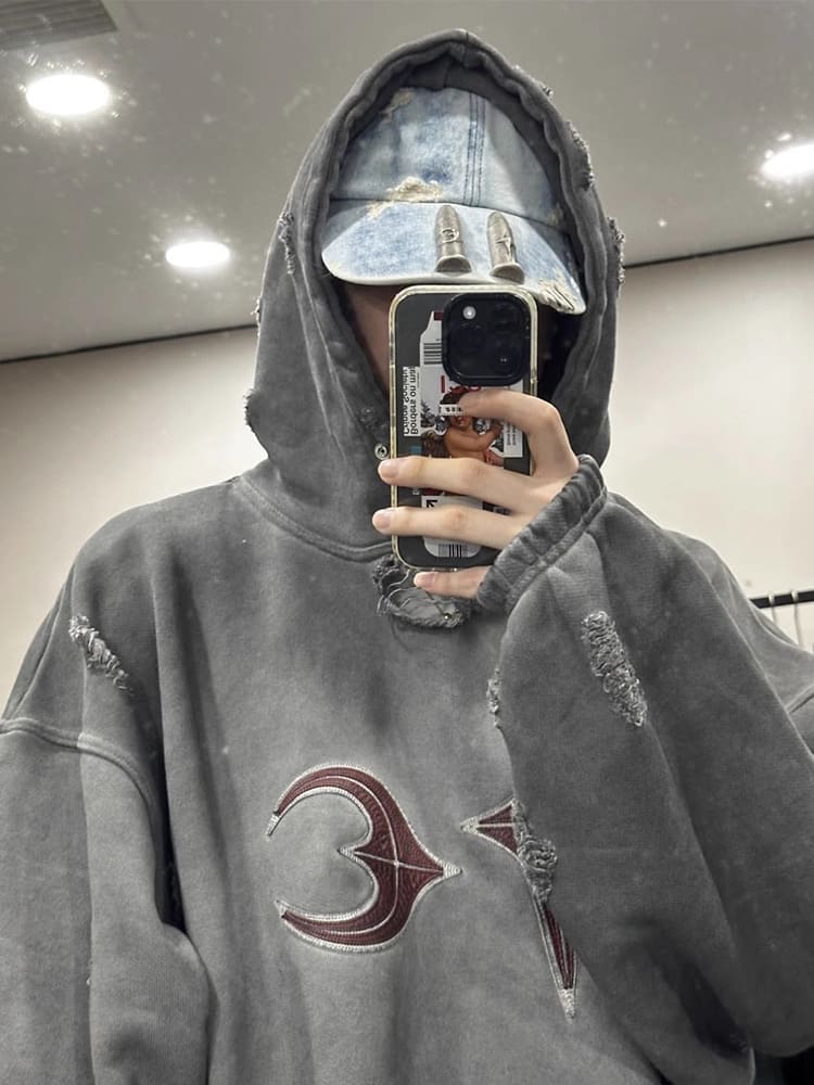 Thug Club Heavy Washed Distressed Leather Patchwork Hoodie