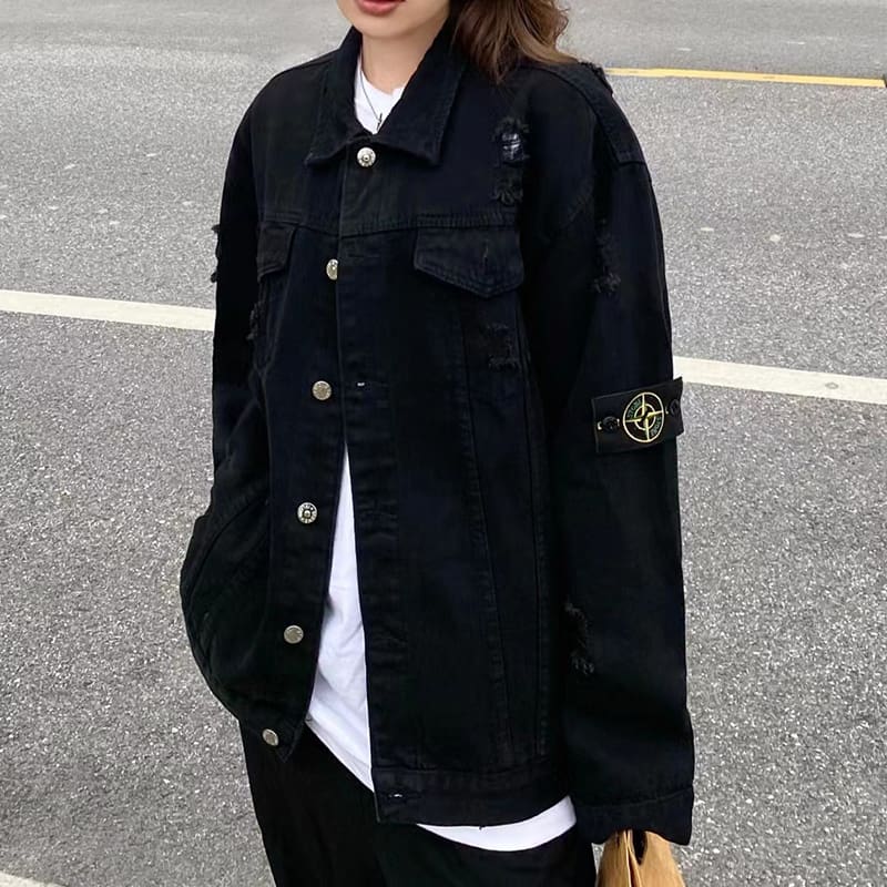 Stone Island Ripped Denim Jacket Retro Washed Casual Long Sleeve for Men and Women