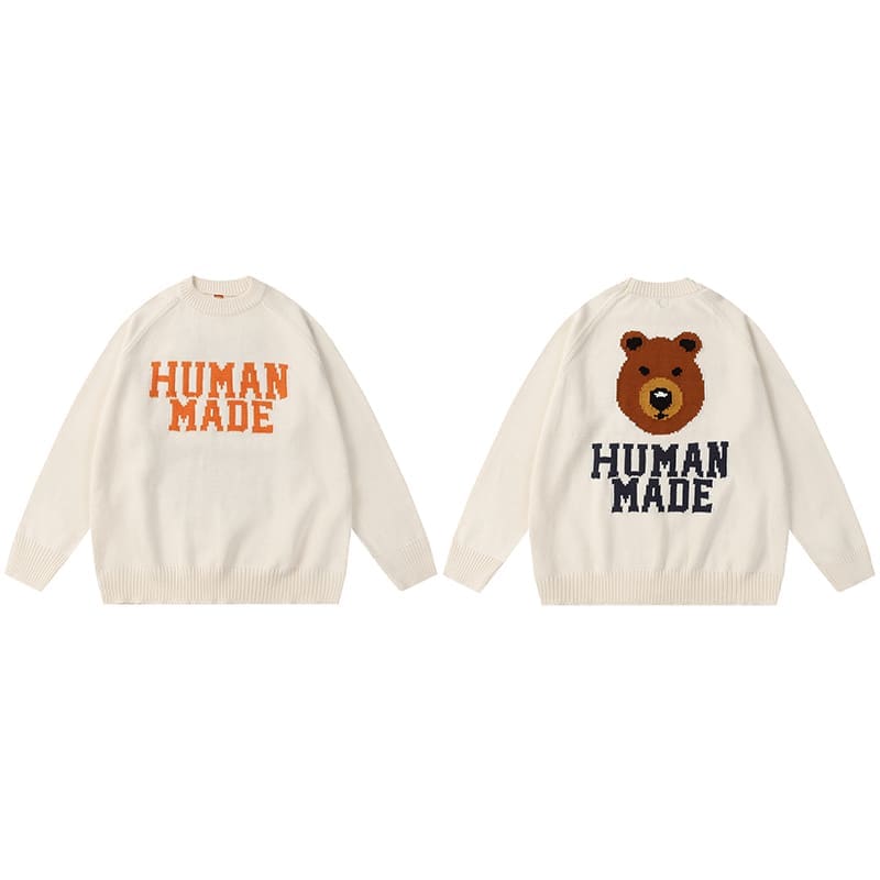 Human Made Cartoon Jacquard Sweater Niche Trendy Round Neck for Couples