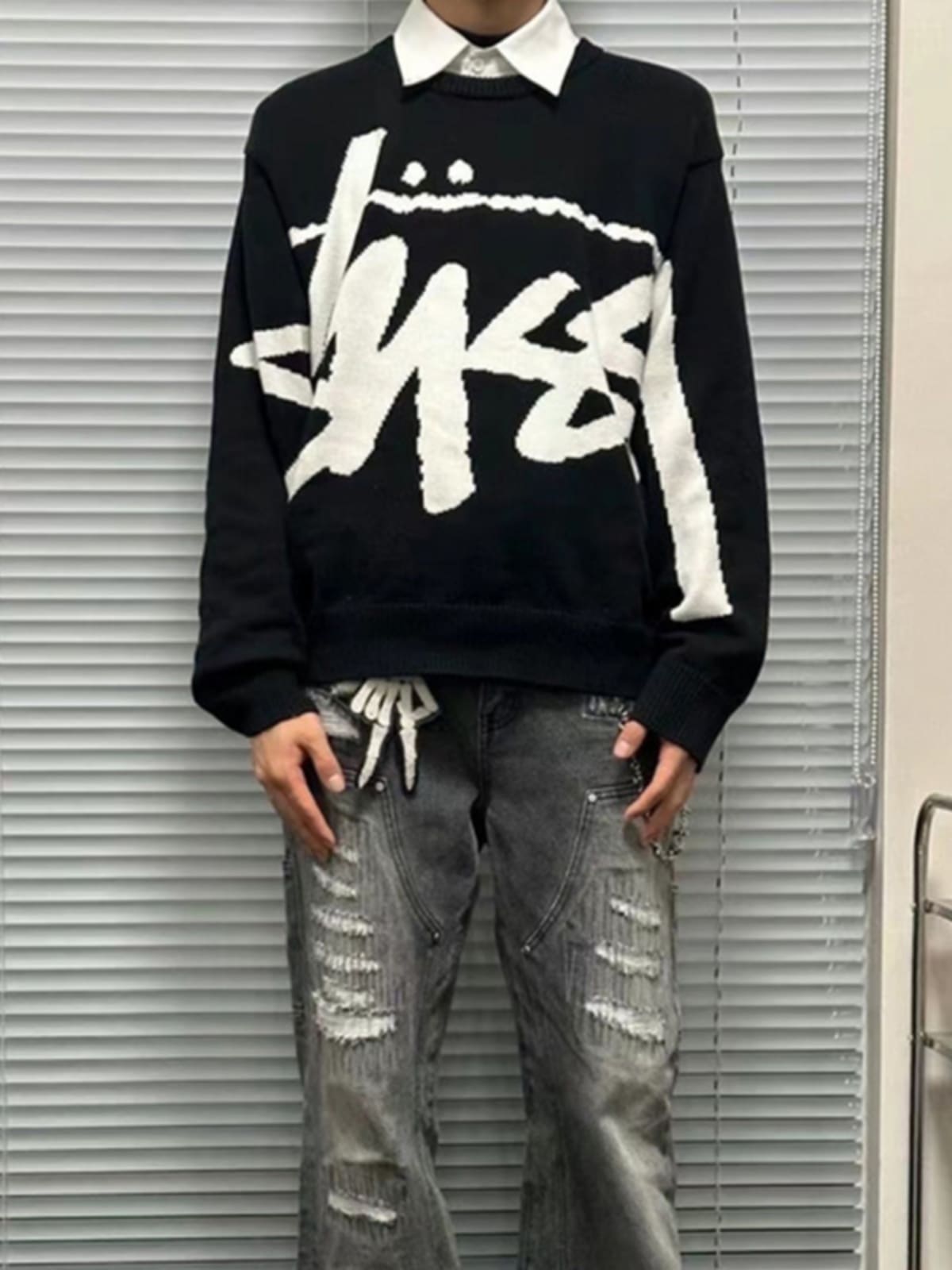 Stussy American High Street Cursive Script Letter Jacquard Hip Hop Sweater