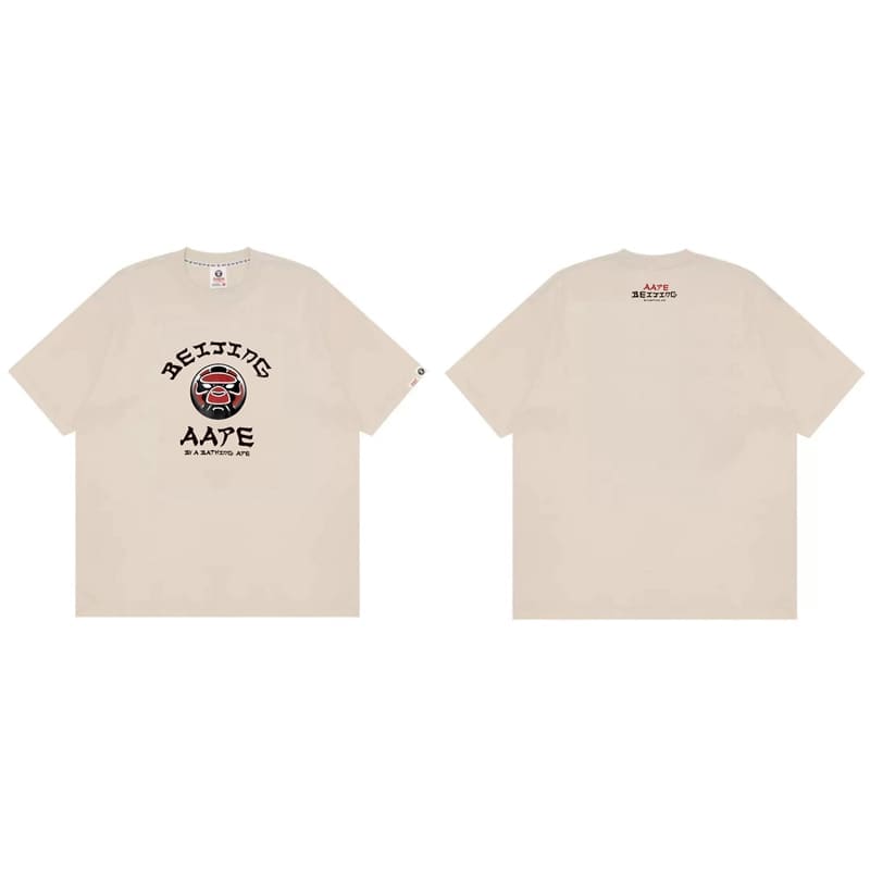 Aape Badge Print Short Sleeve T-Shirt Letter Ape Head Design for Men and Women