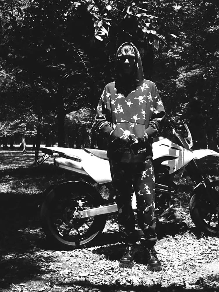 Saint Michael Skull Print Retro Fleece-Lined Hooded Sweatshirt and Sweatpants Suit