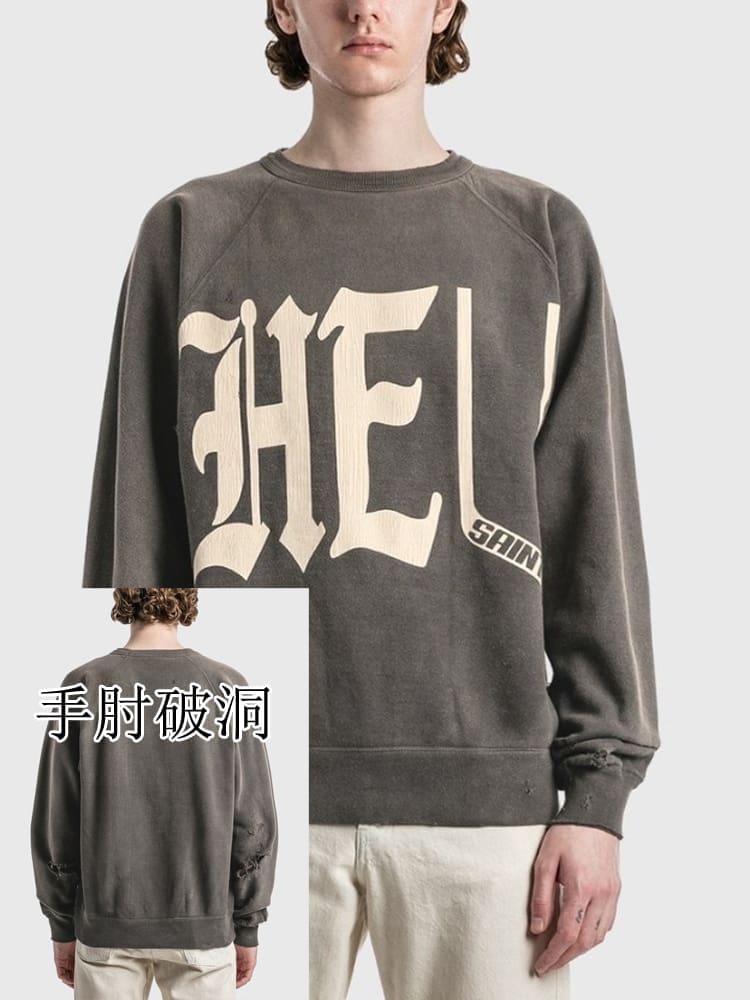 Saint Michael Ripped Letter-Print Retro Crew Neck Sweater for Men and Women