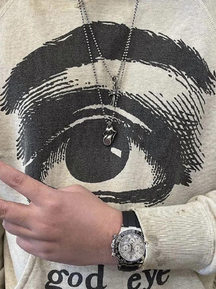 Saint Michael Eye of Soul Retro Fleece-Lined Crew Neck Sweater for Men and Women