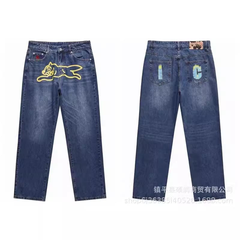 ICECREAM Flying Dog Print Wide Leg Denim Trousers for Men and Women