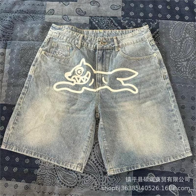 ICECREAM Flying Dog Print Wide Leg Denim Trousers for Men and Women