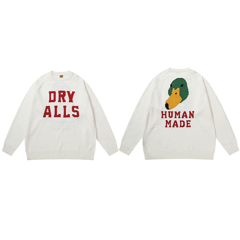 Human Made Cartoon Jacquard Sweater Niche Trendy Round Neck for Couples