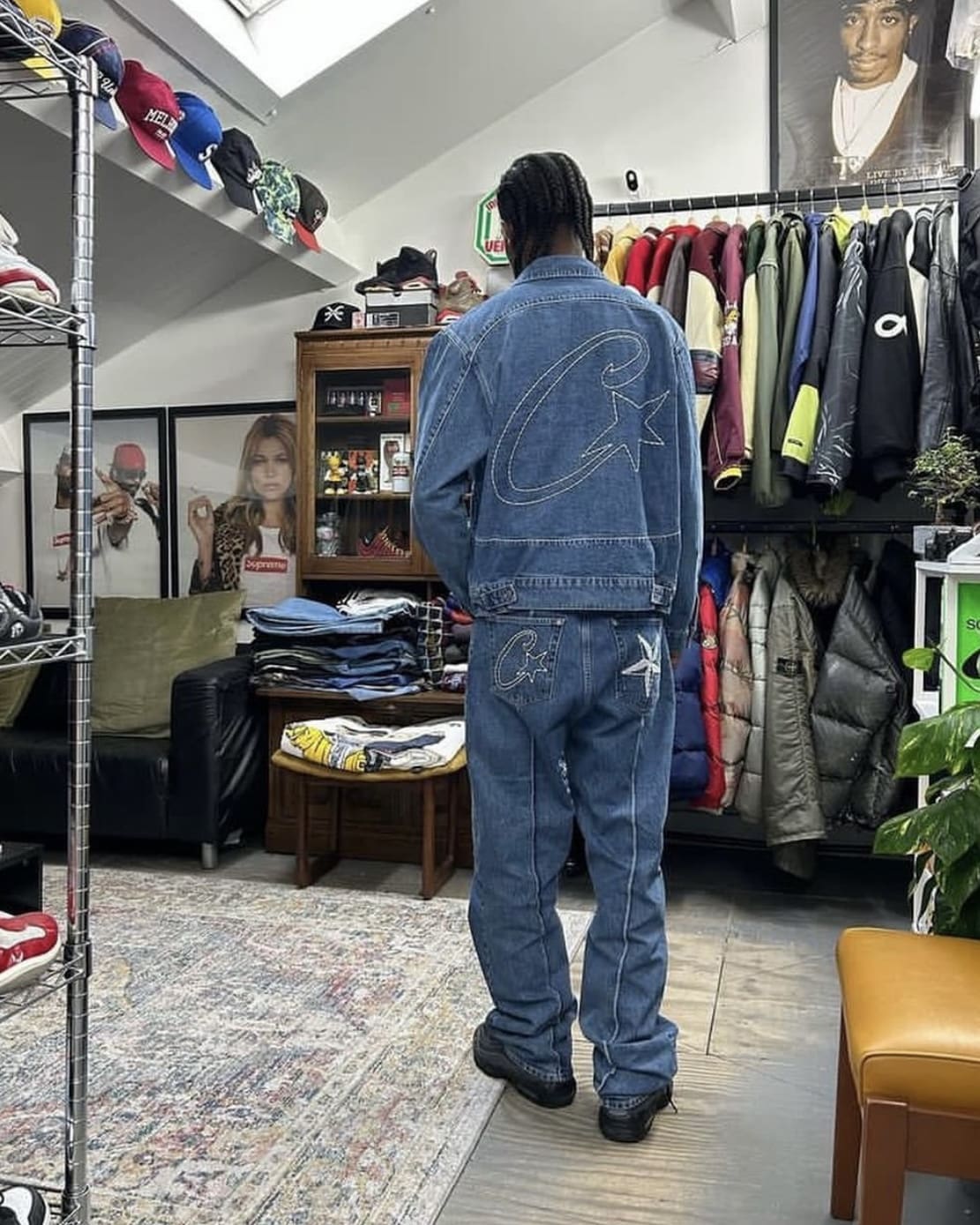 Corteiz Denim Coat and Trousers Suit Loose Casual Star Style