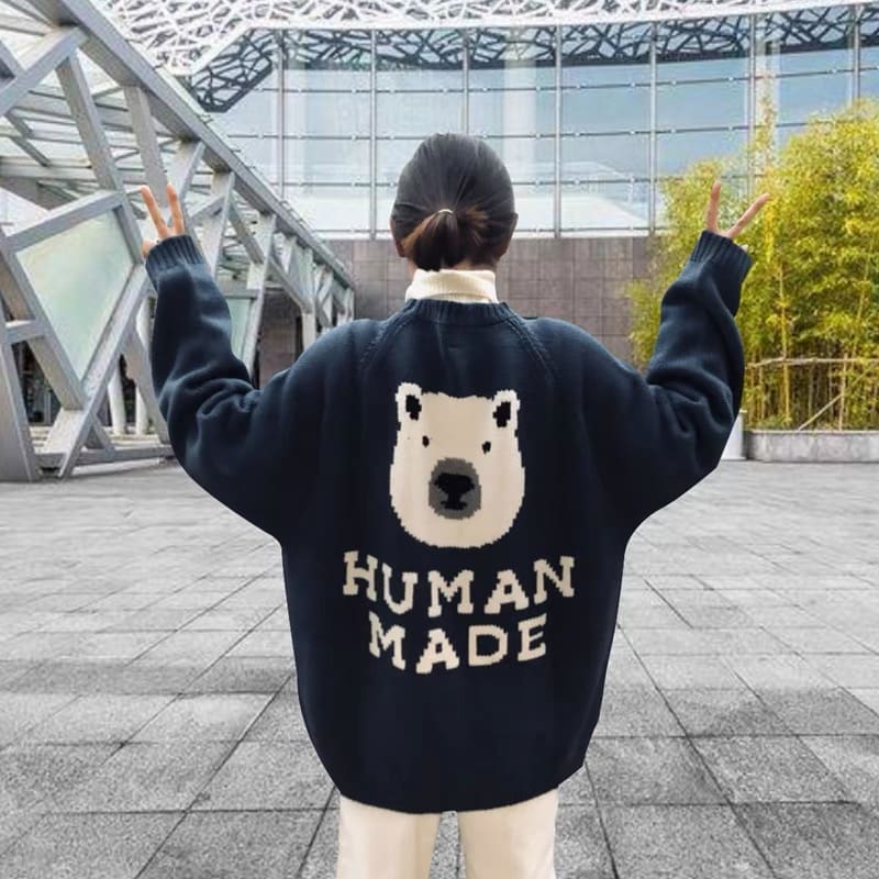 Human Made Cartoon Jacquard Sweater Niche Trendy Round Neck for Couples