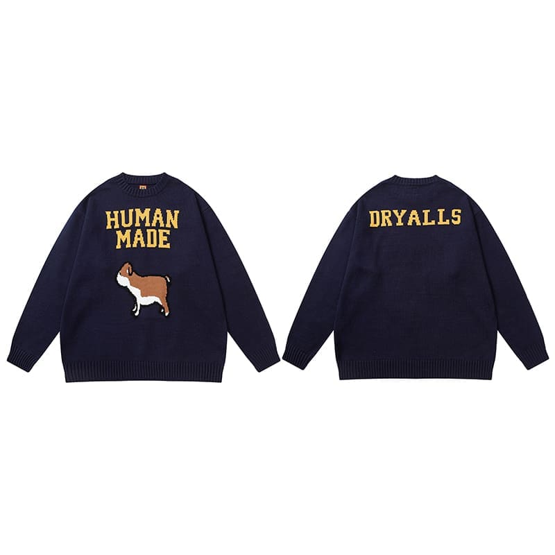 Human Made Cartoon Jacquard Sweater Niche Trendy Round Neck for Couples