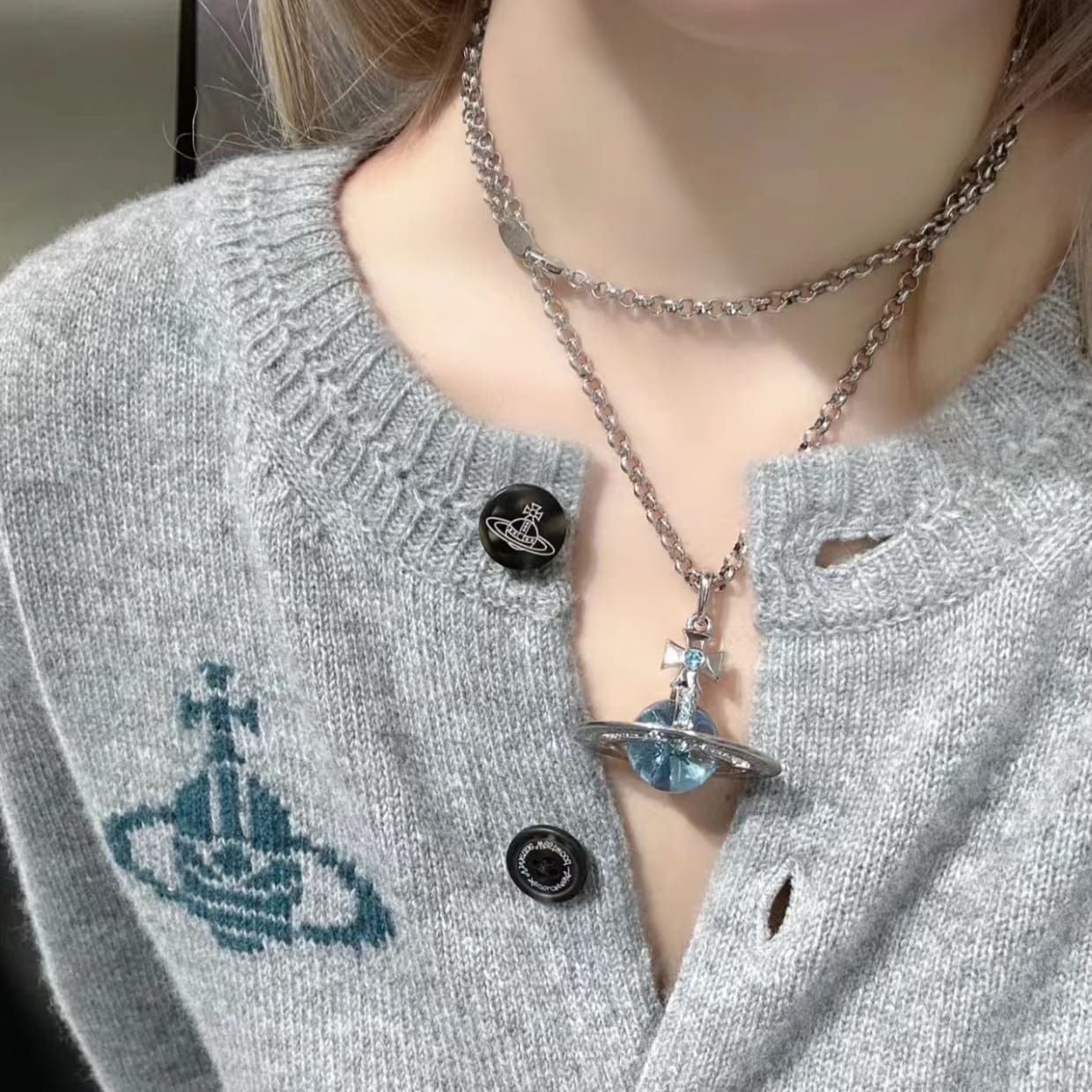 Vivienne Westwood Large Glacier Blue Orb Saturn Necklace for Women