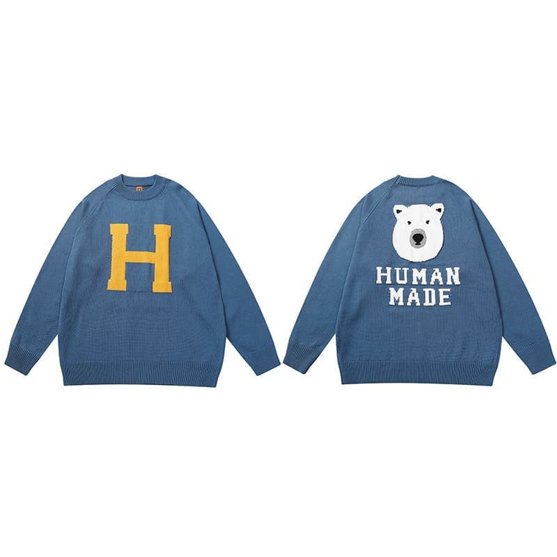 Human Made Cartoon Jacquard Sweater Niche Trendy Round Neck for Couples