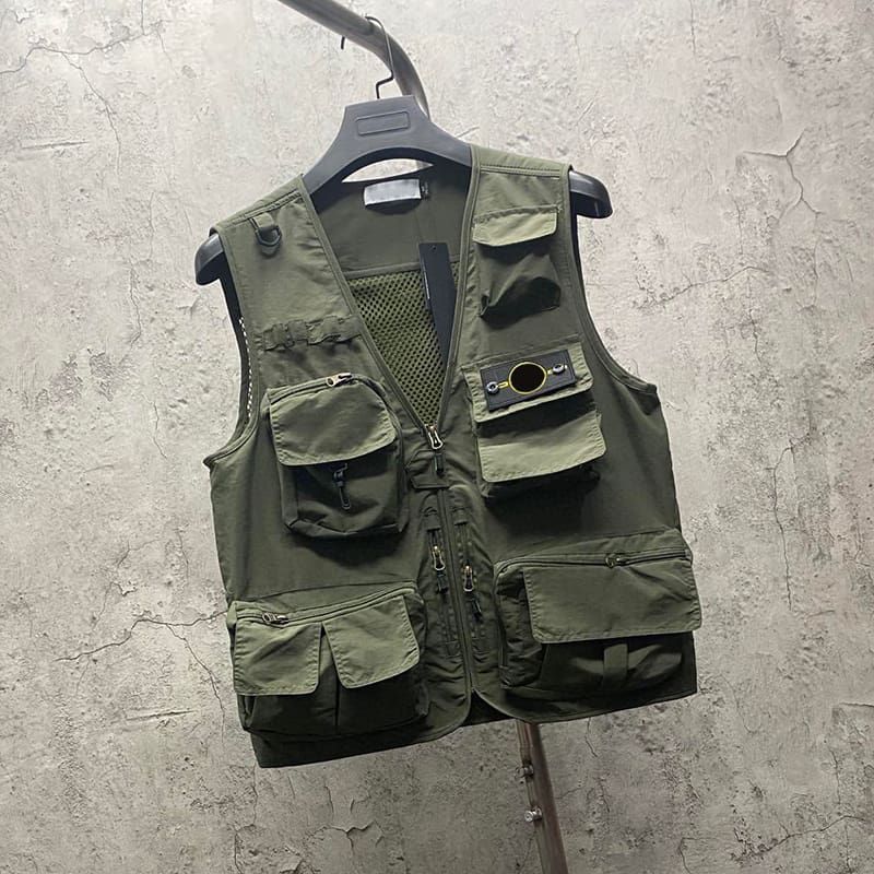 Stone Island V-Neck Multi-Pocket Workwear Vest Zipper Mesh Waistcoat