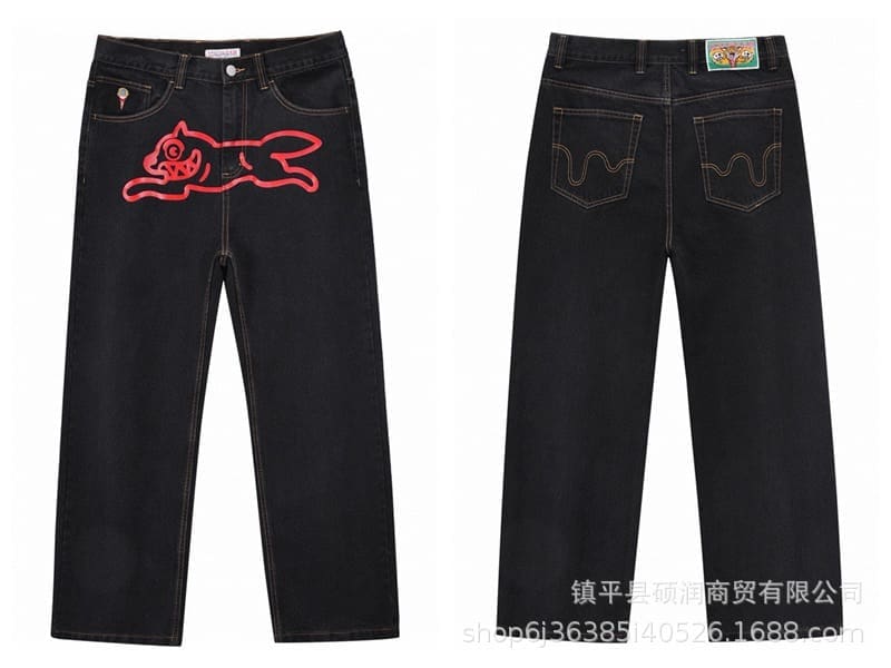 ICECREAM Flying Dog Print Wide Leg Denim Trousers for Men and Women