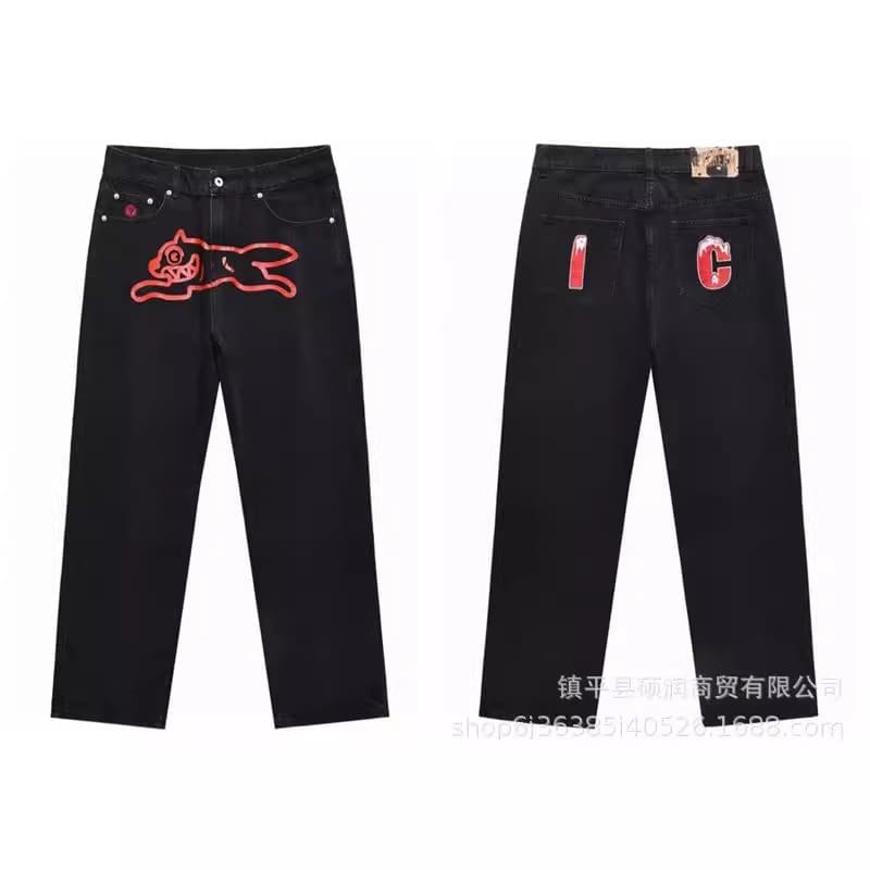 ICECREAM Flying Dog Print Wide Leg Denim Trousers for Men and Women