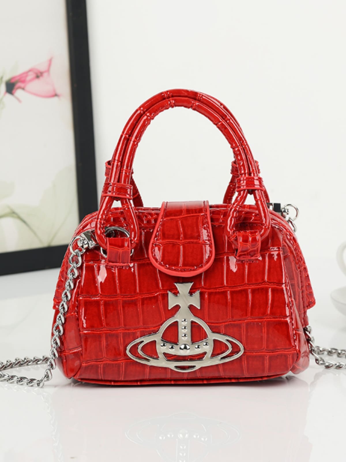 Vivienne Westwood Crocodile Pattern Red Chain Small Square Bag for Women