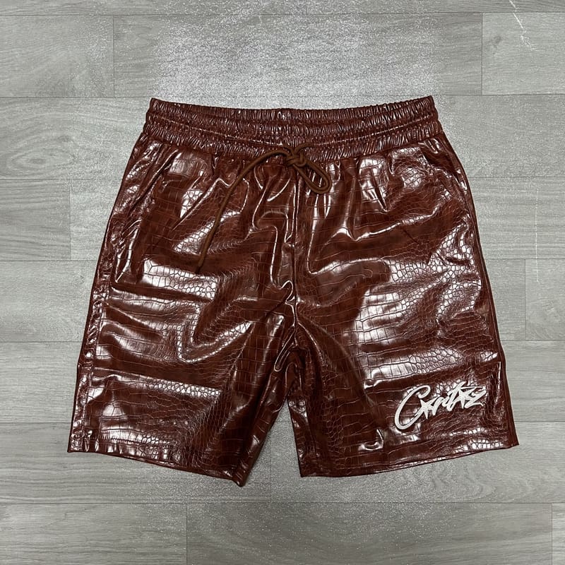 Corteiz Snakeskin PU Letter Embroidered Casual Shorts for Men and Women