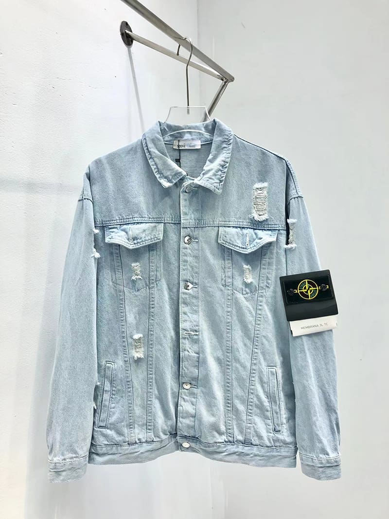 Stone Island Ripped Denim Jacket Retro Washed Casual Long Sleeve for Men and Women