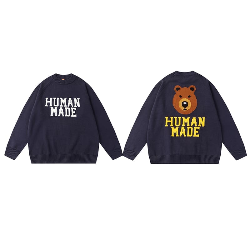 Human Made Cartoon Jacquard Sweater Niche Trendy Round Neck for Couples